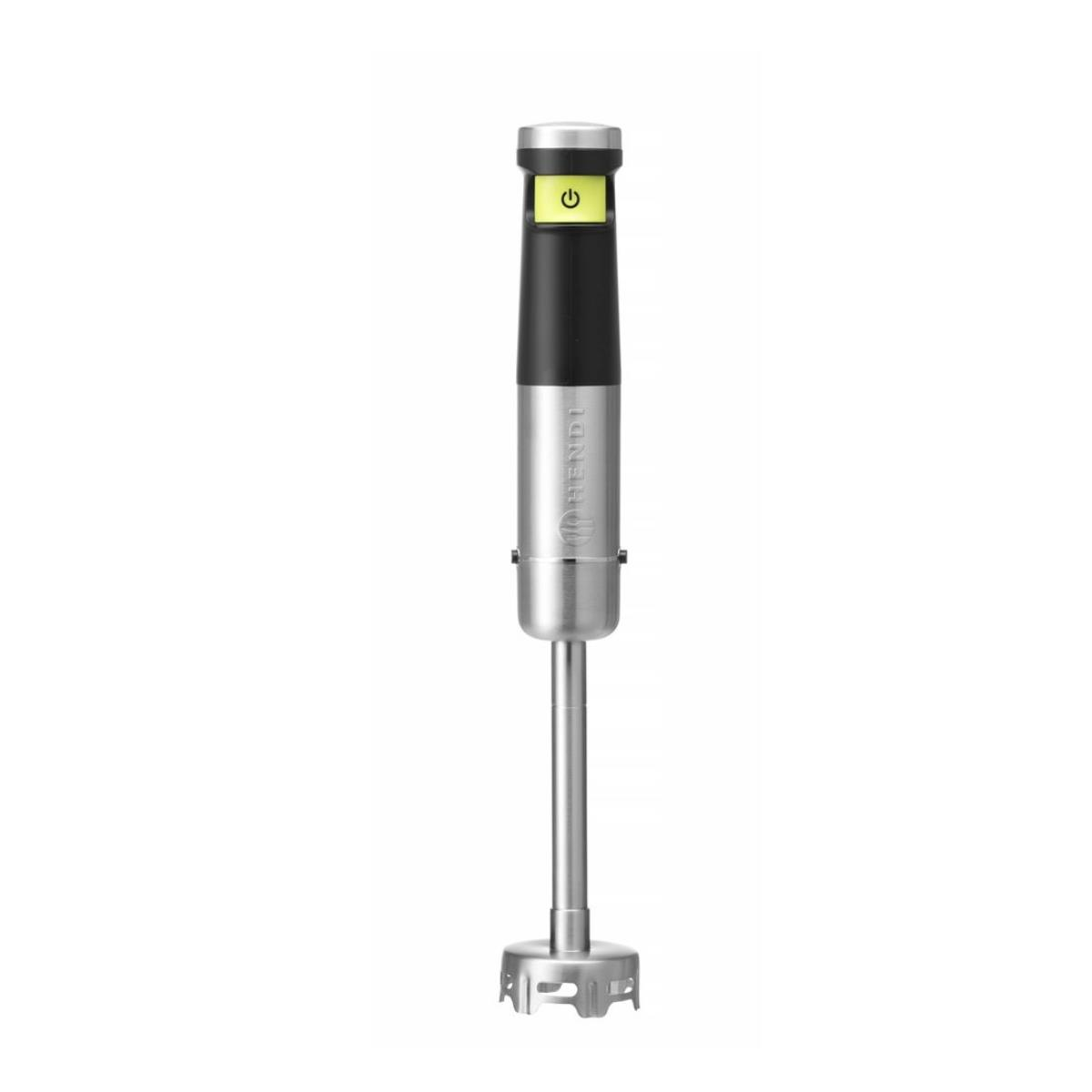 Zilver-zwarte staafmixer met aan/uit-knop.