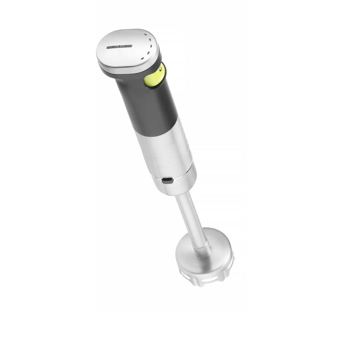 Een handstaafmixer, zilver en zwart, op een witte achtergrond.