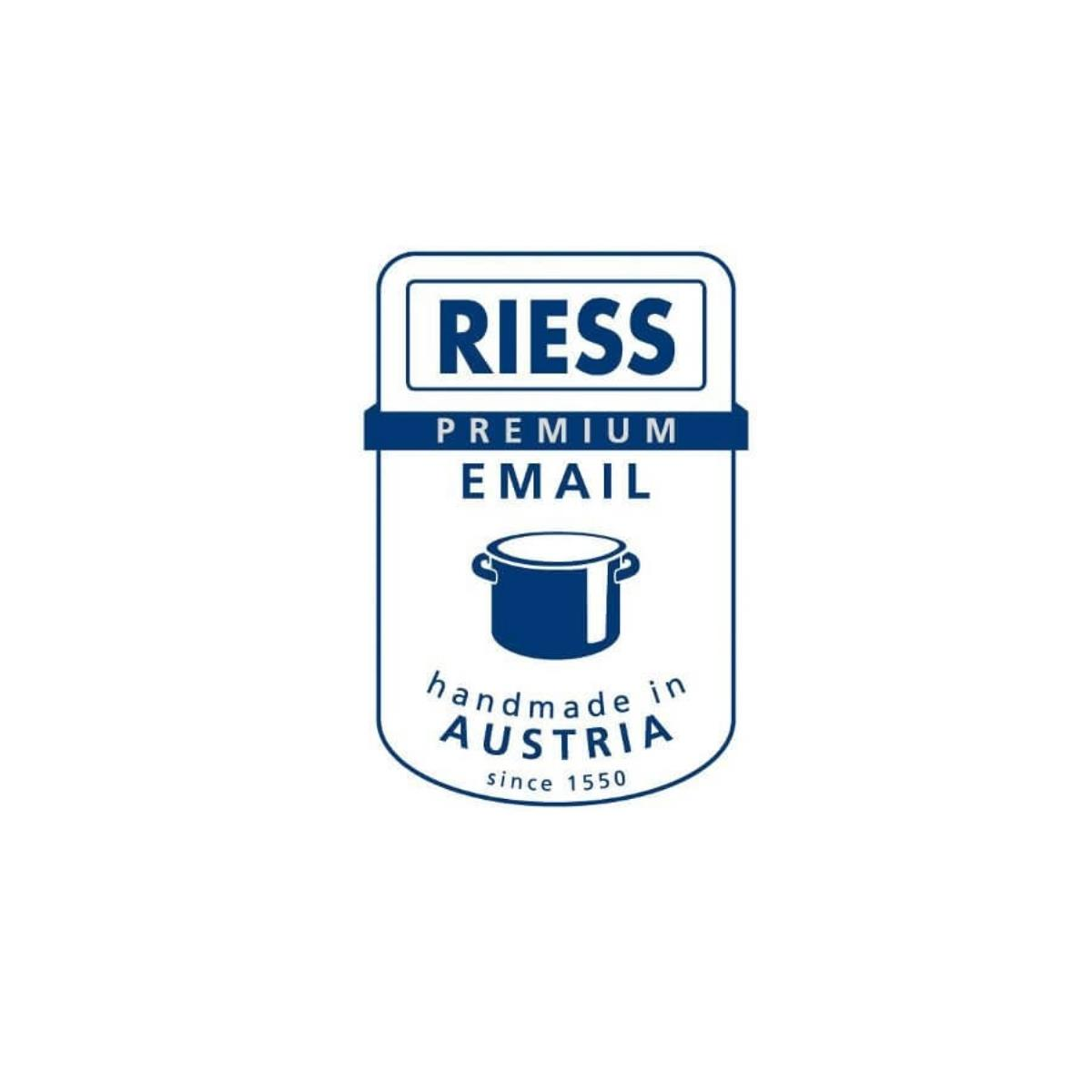 Weißes und blaues Riess Emaille-Logo. Weißer Hintergrund.