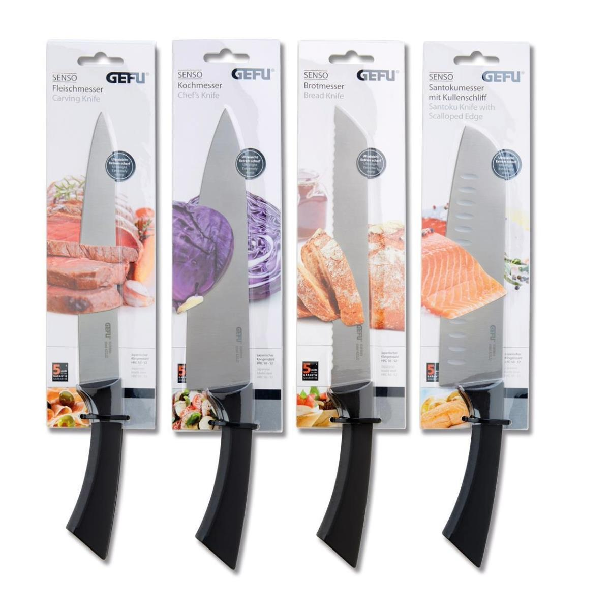 Vier Küchenmesser in Verpackung, jedes für einen anderen Zweck.