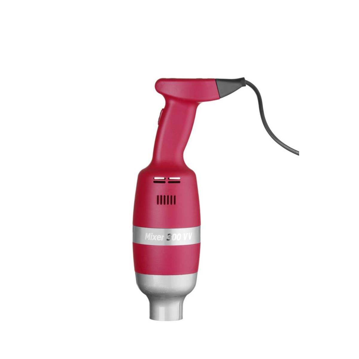Ein roter Handmixer mit silbernem Sockel und schwarzem Netzkabel.