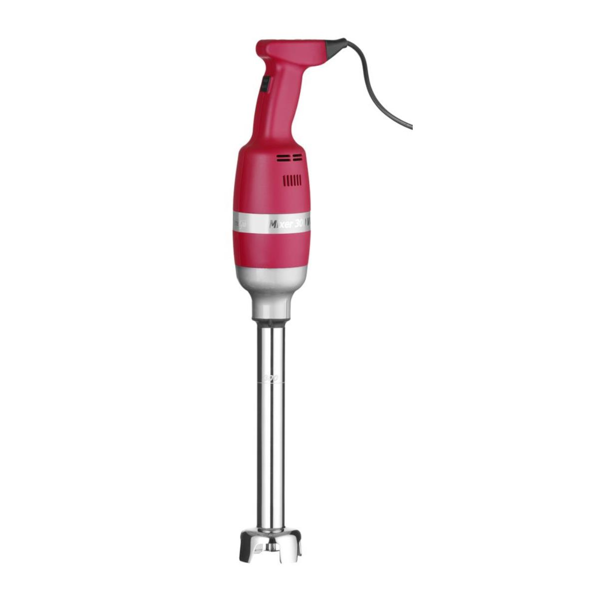 Ein roter Stabmixer mit einem Edelstahl-Mixschaft.