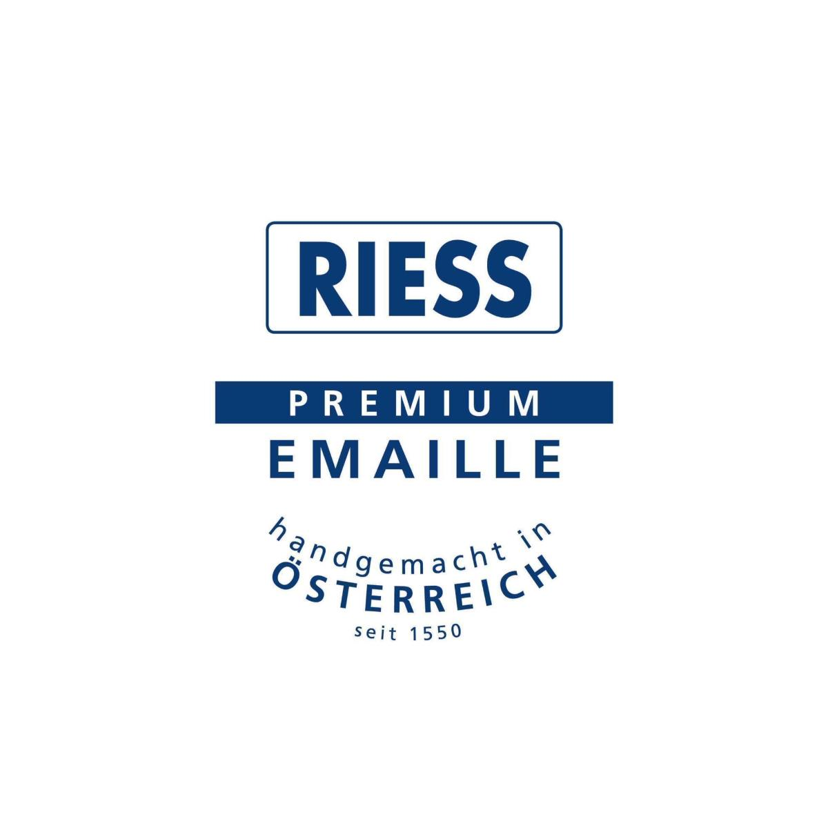 Ein RIESS-Logo mit 'PREMIUM EMAILLE' und 'handgemacht in ÖSTERREICH' Text, weißer Hintergrund.