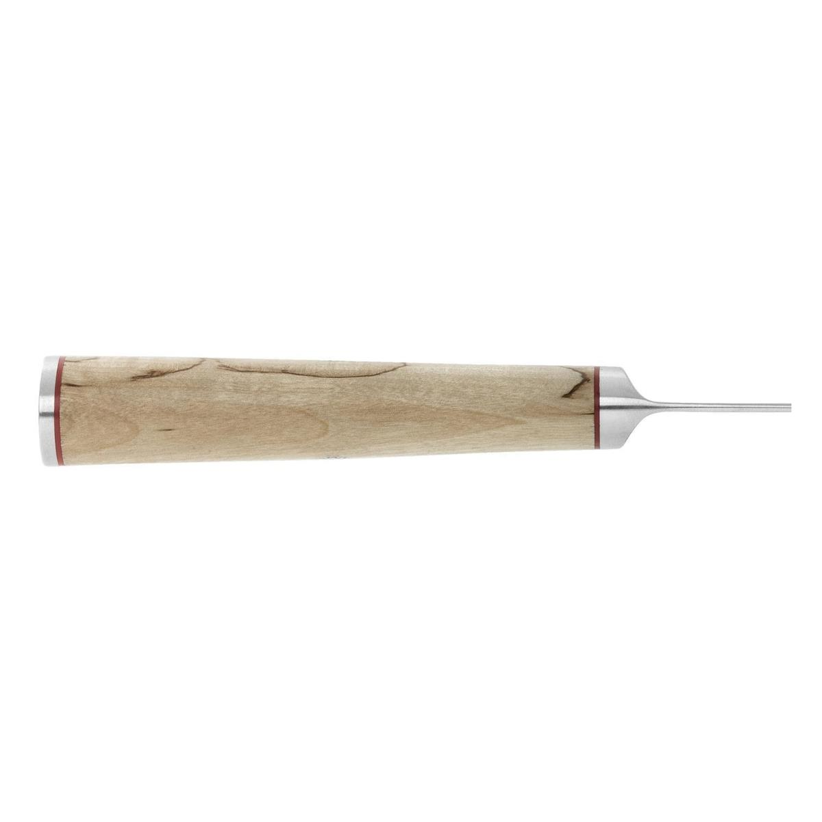 Ein Holzmeißel mit Metallklinge. Der Holzgriff hat eine hellere Maserung.