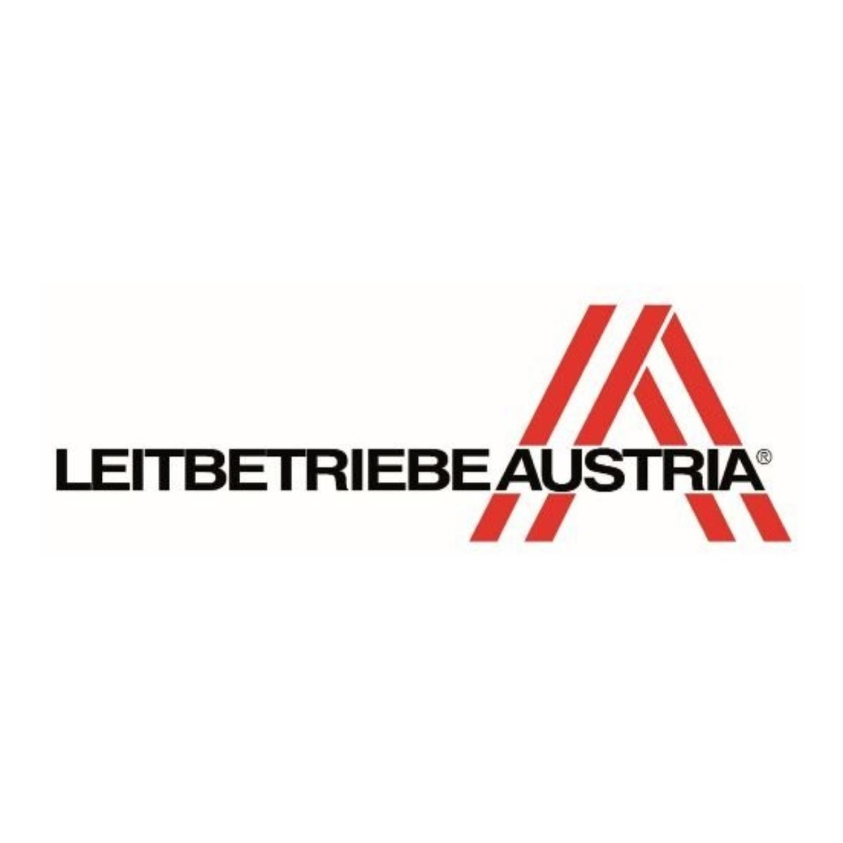 Logo von LEITBETRIEBE AUSTRIA in Schwarz und Rot. Text und ein rotes A-förmiges Design.