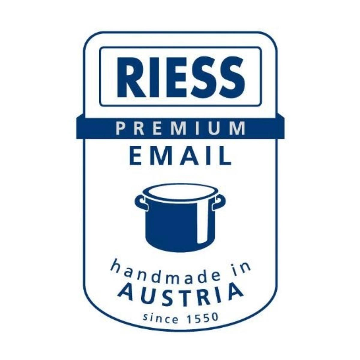 Blau-weißes Emaille-Riess-Logo mit Text und Topf-Illustration.
