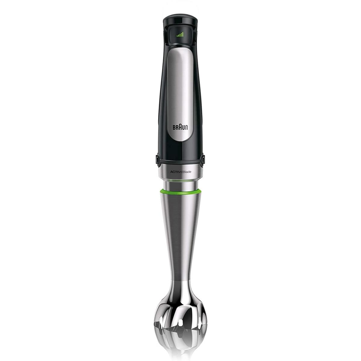 Braun Stabmixer, schwarz und silber, mit grünem ActiveBlade-Ring.