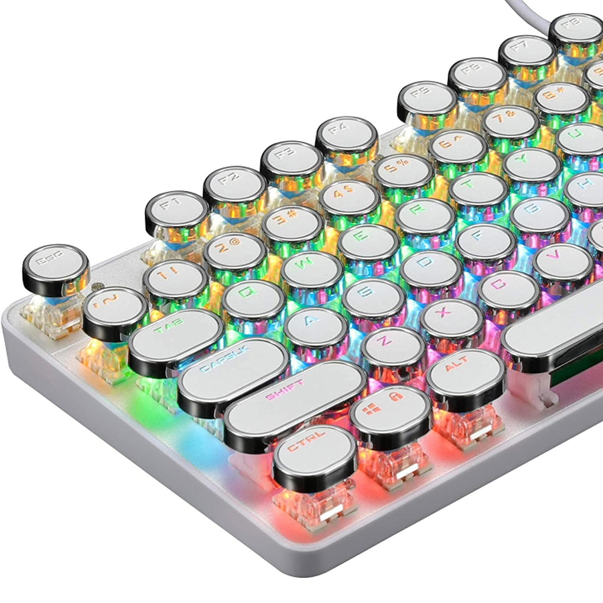 Klawiatura z białymi klawiszami retro, niektóre z kolorowymi podświetlanymi klawiszami. Klawisze mają zaokrąglone krawędzie.