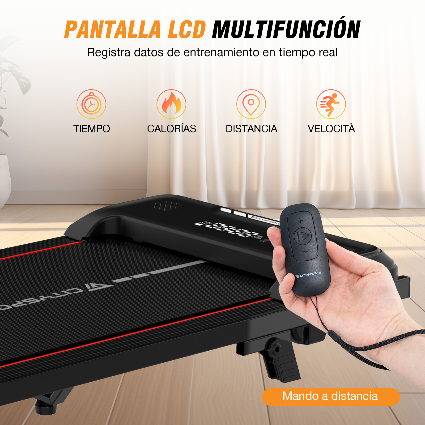 Una cinta de correr con un panel de control, un mando a distancia y una mano. El panel muestra datos de entrenamiento.