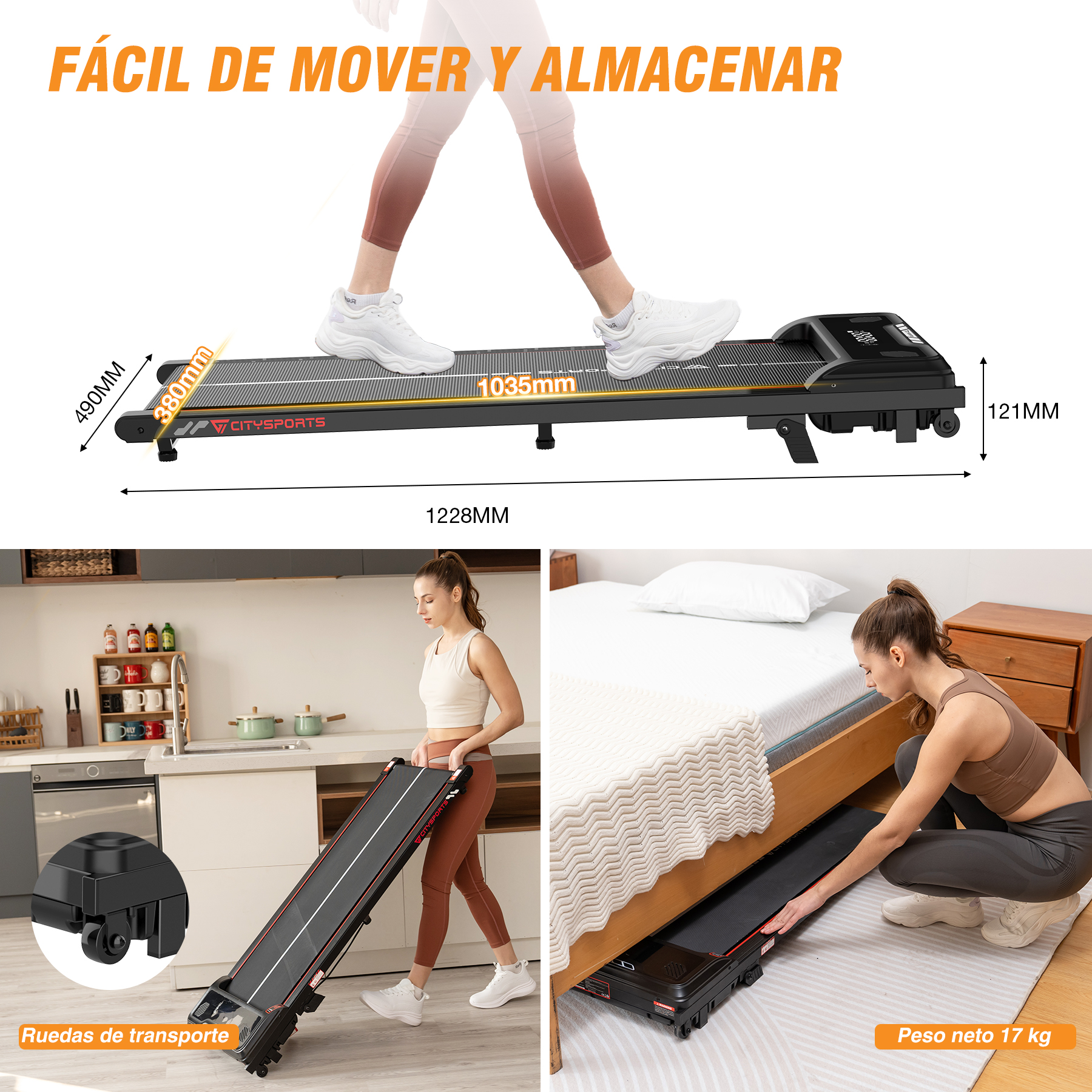 Una cinta de correr plegable con dimensiones y alguien usándola.