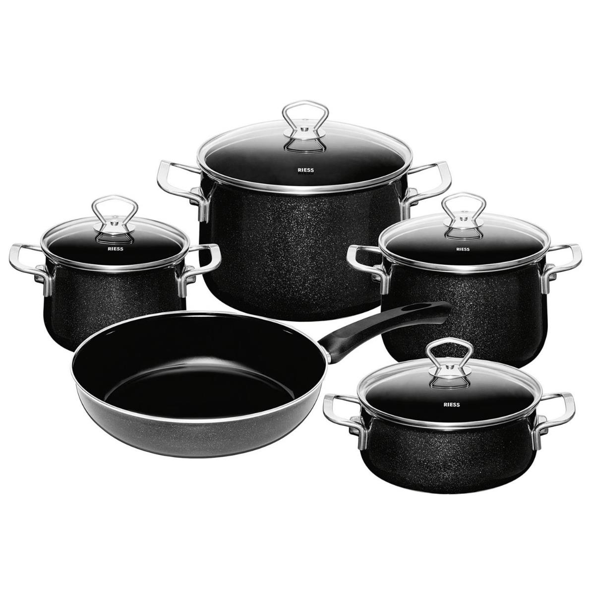 Ein Set aus fünf schwarzen, gesprenkelten Töpfen und Pfannen mit Glasdeckeln.