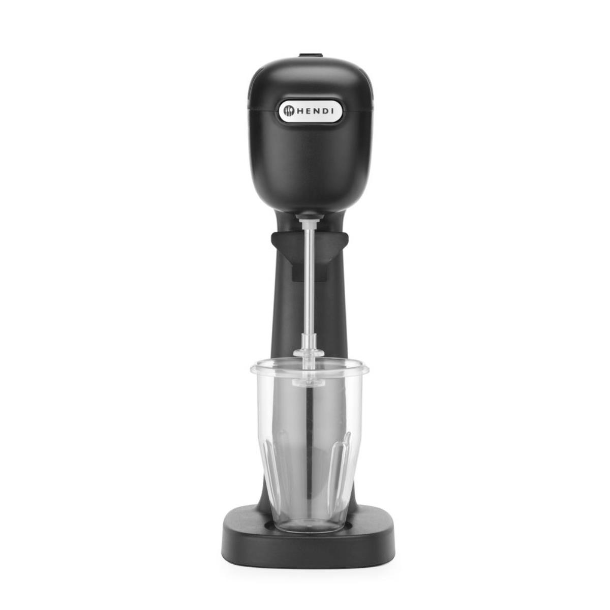 Frullatore per milkshake nero e argento con un contenitore di vetro trasparente. Sfondo bianco.