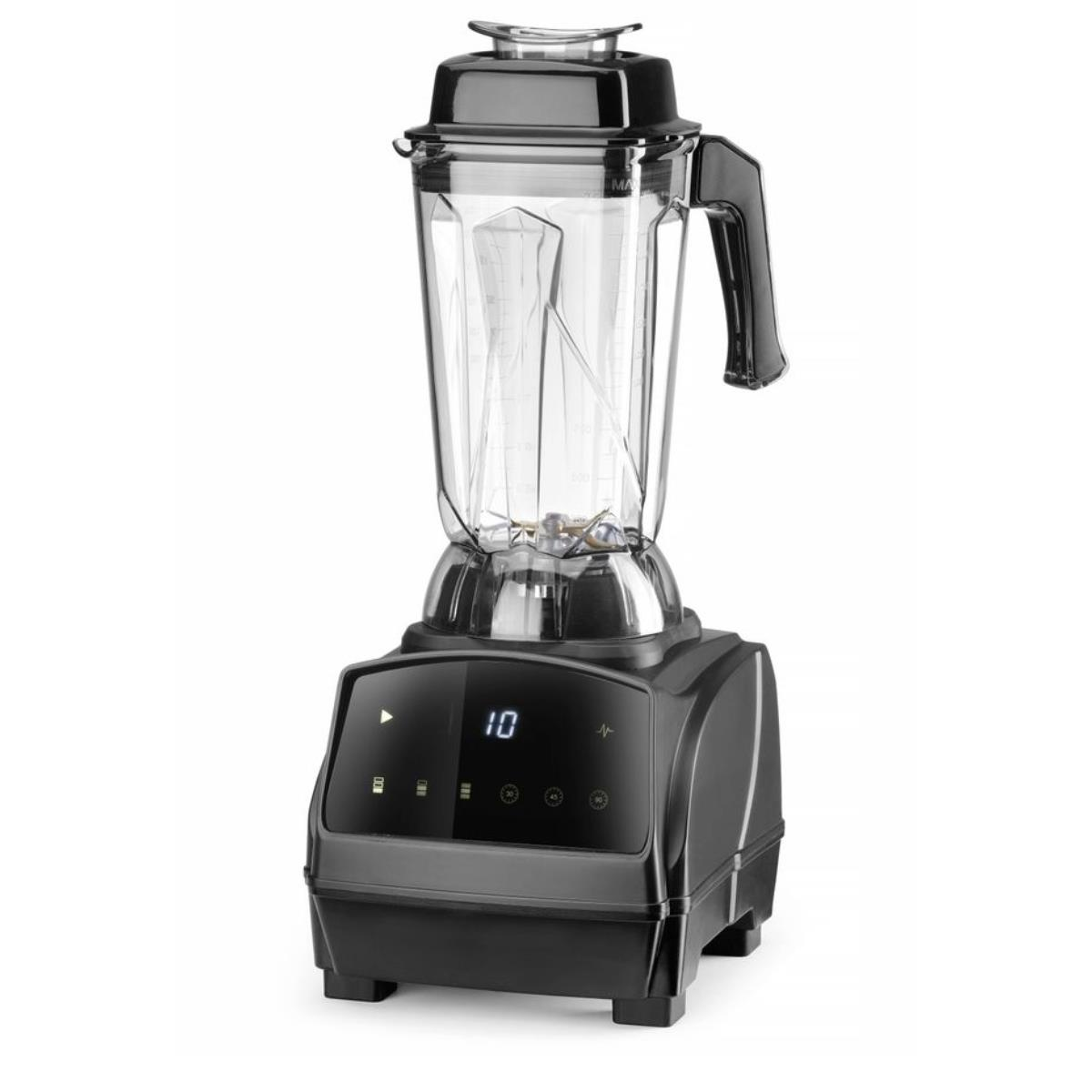 Ein schwarzer Mixer mit transparentem Behälter, Digitalanzeige mit '10'.