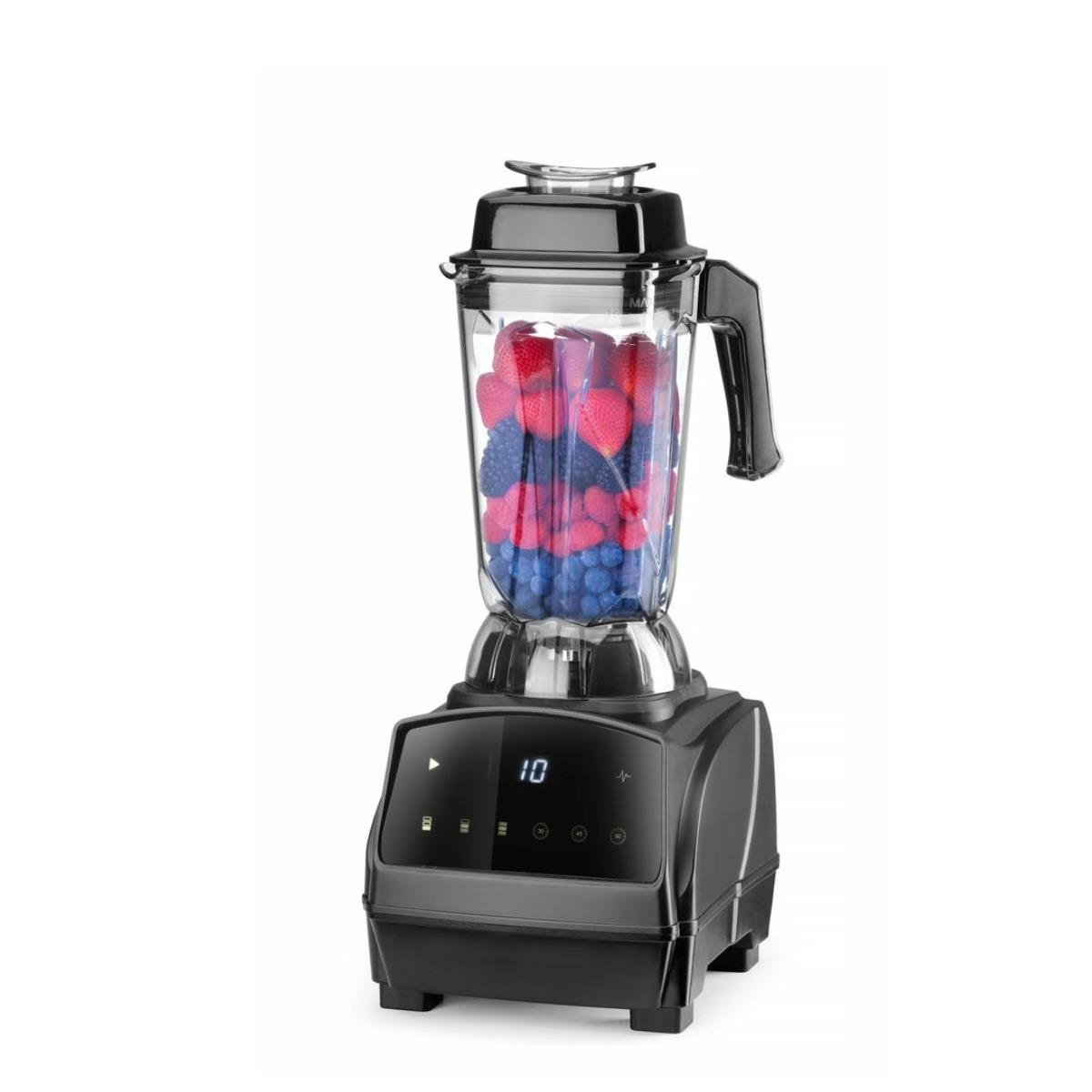 Schwarzer Mixer mit Beeren, und schwarze Basis mit Steuertasten.