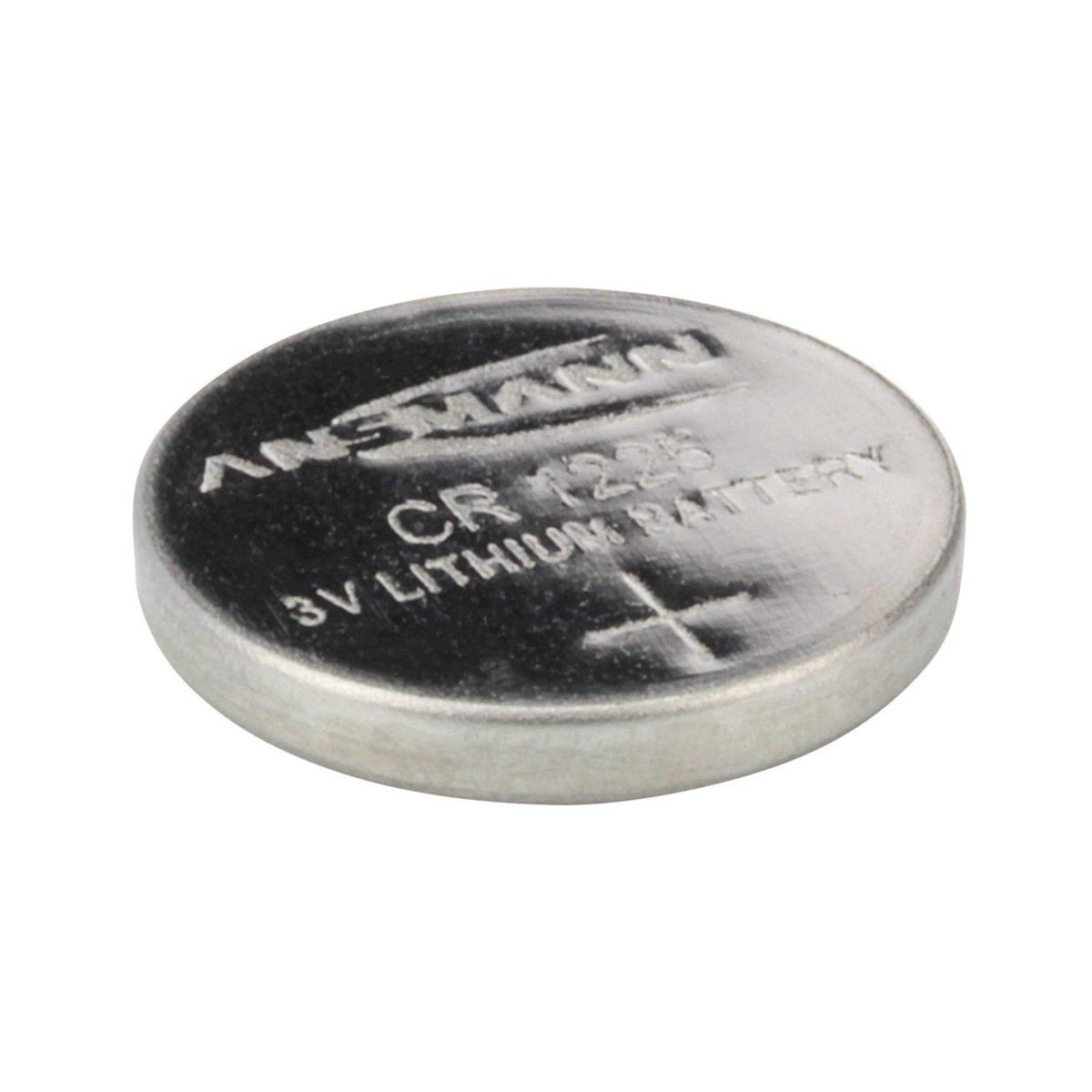 Zilveren CR 1225 3V lithium batterij met tekst 'ANSMANN' en 'CR 1225 3V LITHIUM BATTERY'.
