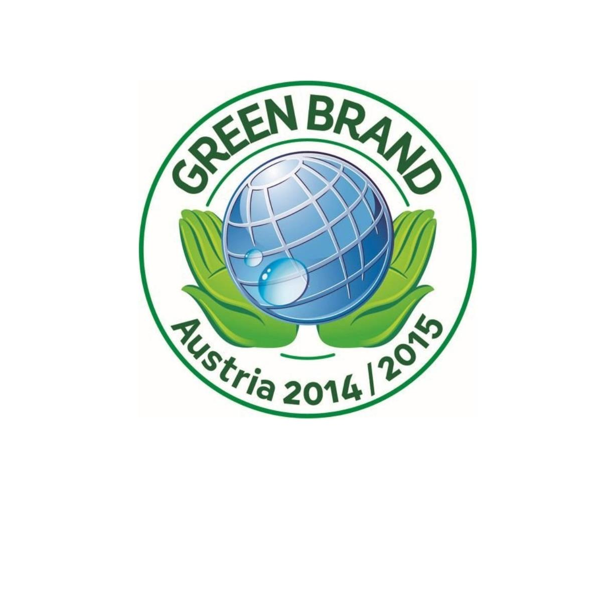 Green Brand Austria Logo mit Globus und Blättern, umgeben von Text, auf weißem Hintergrund.
