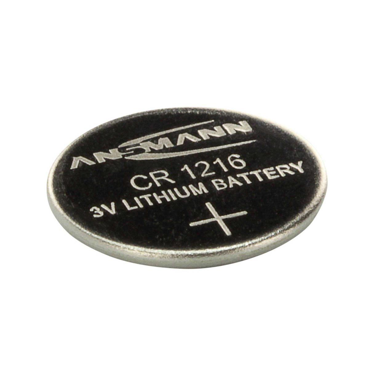Een ronde ANSMANN CR 1216 3V Lithium batterij met een plus teken.