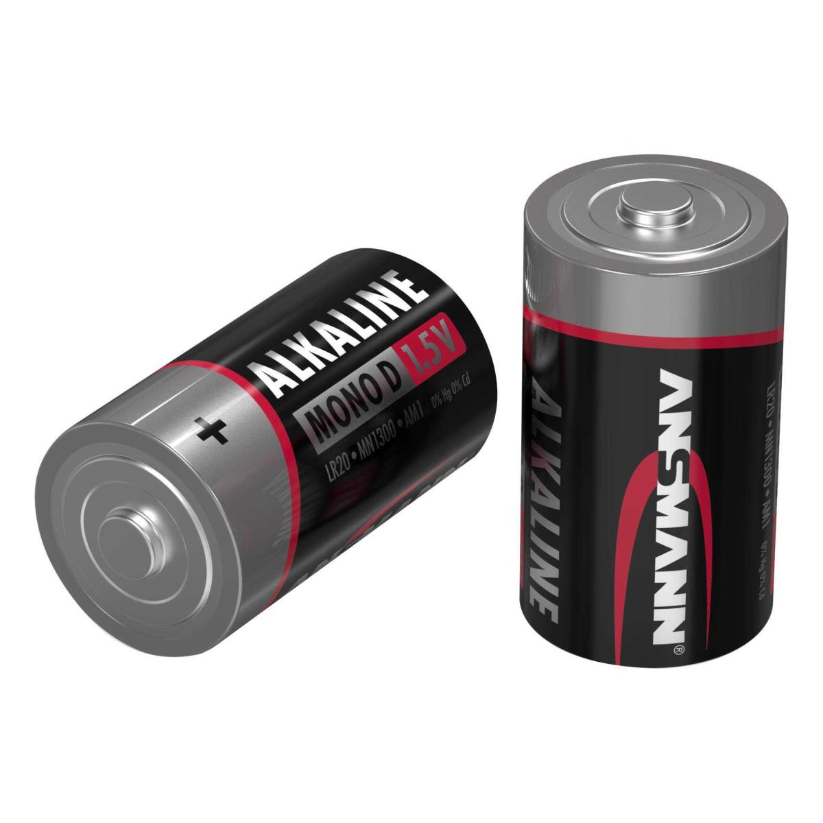 Zwei zylindrische schwarze und rote Alkaline-Batterien. Jede hat weißen Text und ein Pluszeichen.