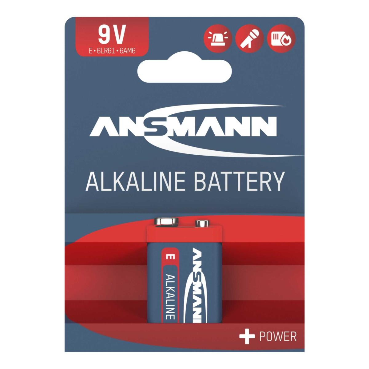 Ansmann Alkaline Batteriepack. Es ist eine 9V-Batterie auf blauem und rotem Hintergrund.