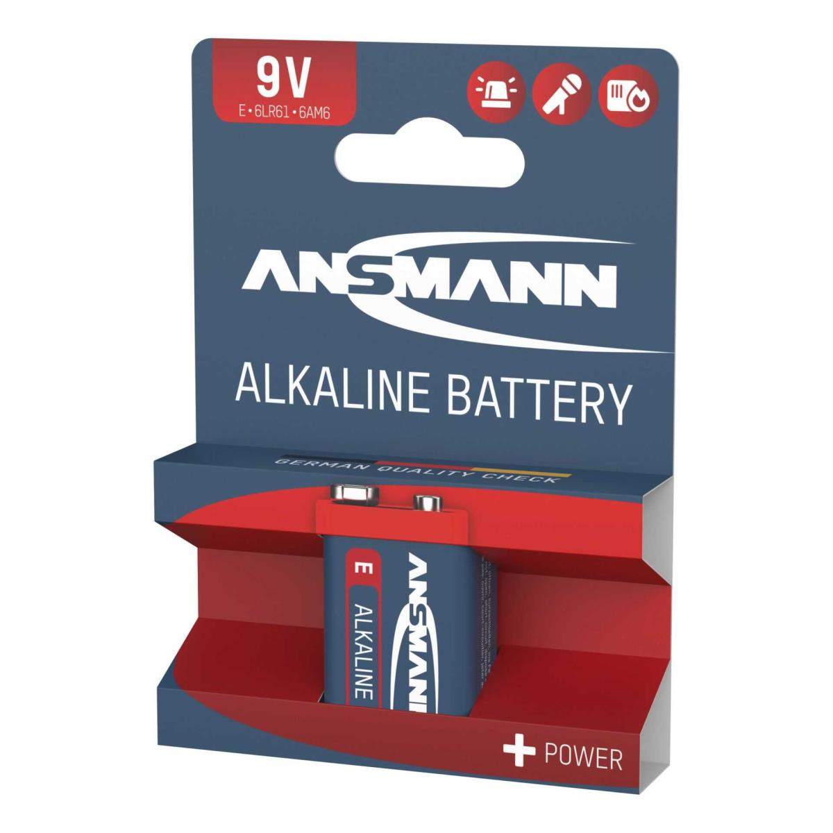 Ansmann 9V-Alkalibatterie in Verpackung. Blaue und rote Box. Weißer Text und Symbole. Deutsche Qualitätskontrolle.