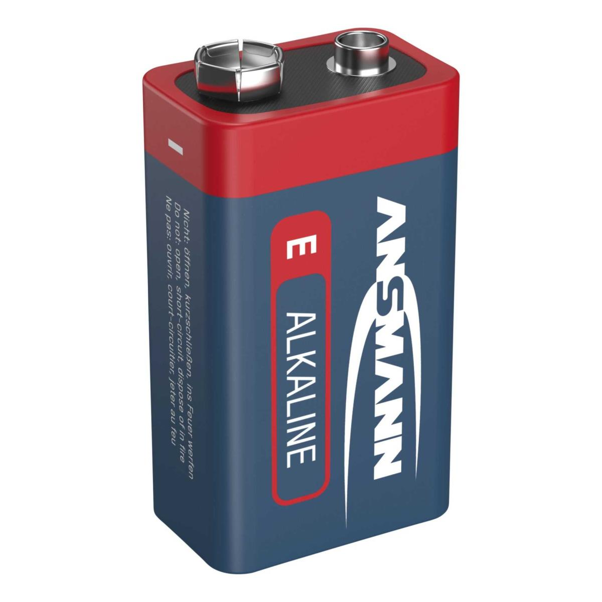Eine blaue und rote 9-Volt-Alkalibatterie. Sie trägt den Markennamen 'ANSMANN' auf der Vorderseite.