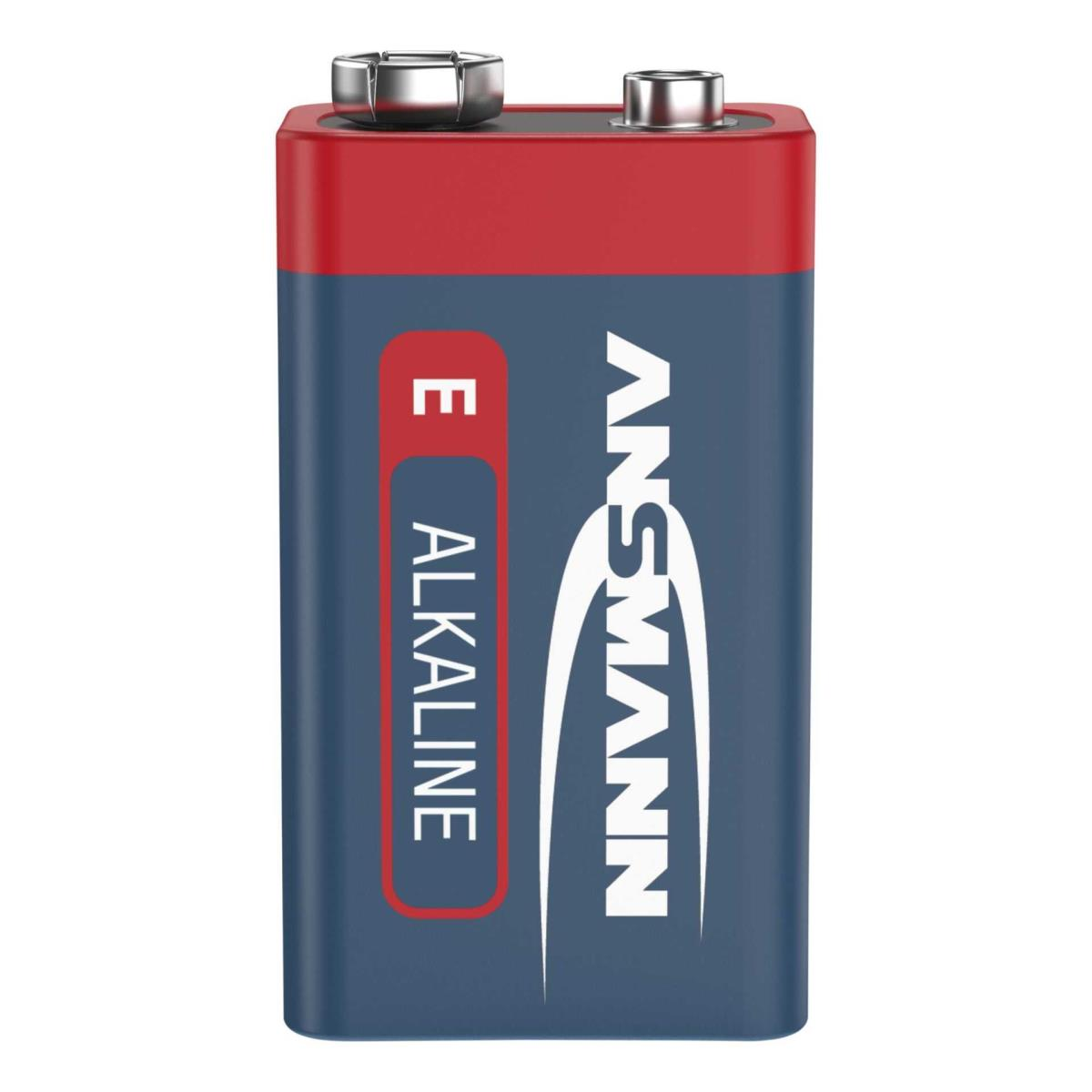 Eine blau-rote 9V-Batterie mit der Aufschrift 'ANSMANN' und 'ALKALINE'.