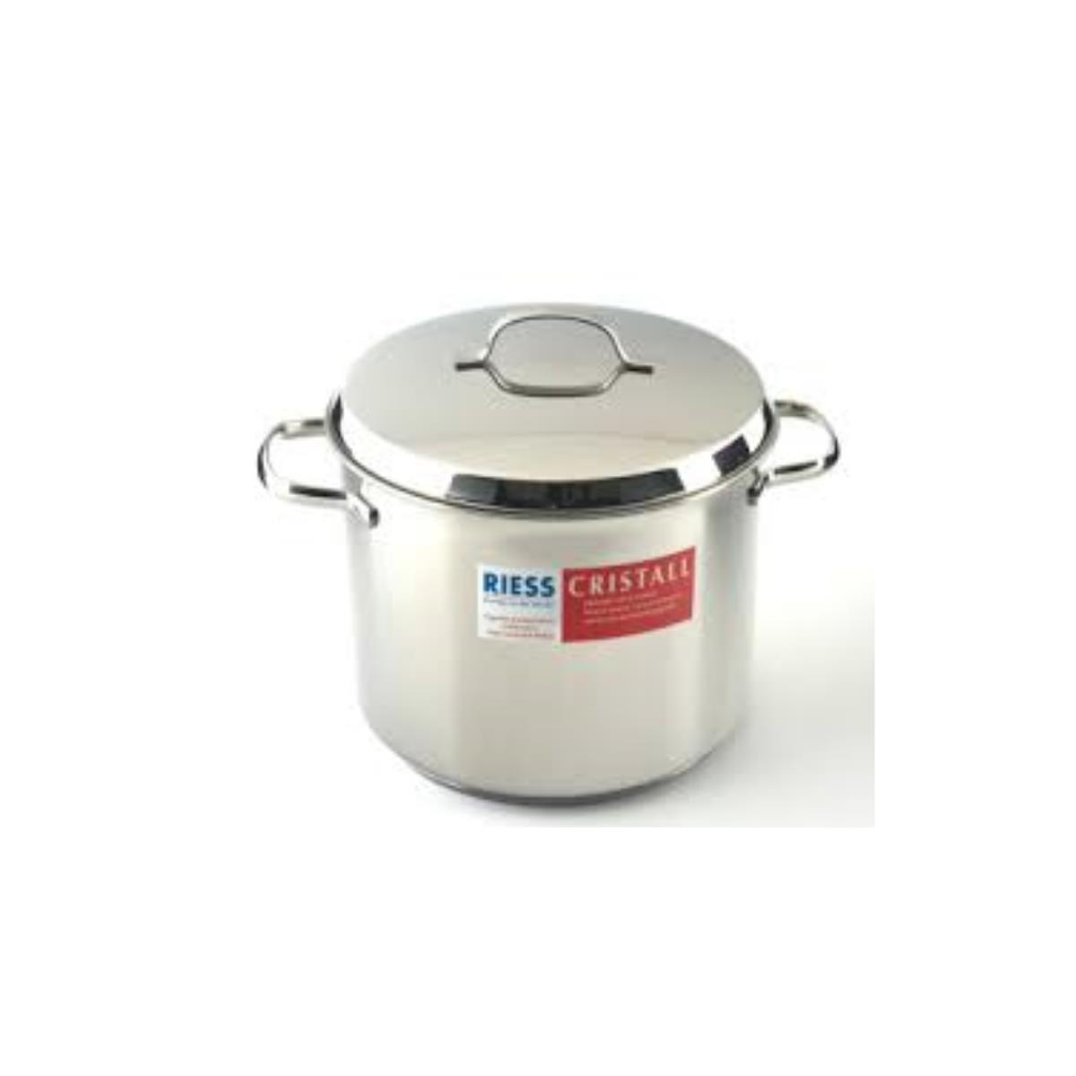 Garnek ze stali nierdzewnej z pokrywką i uchwytami, na białym tle.