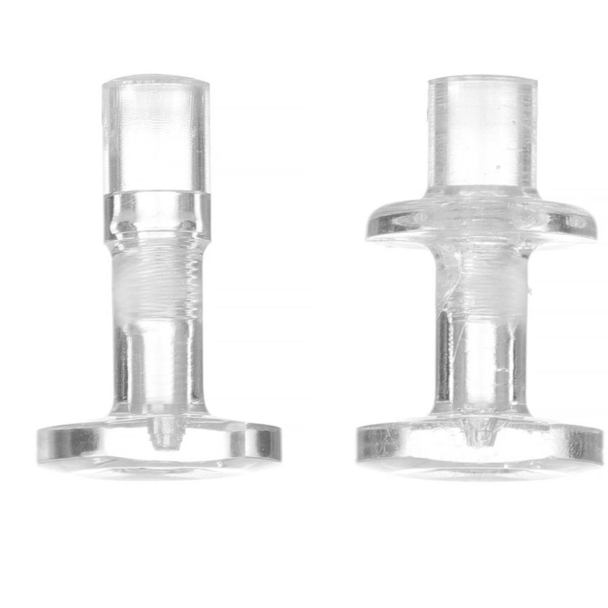 Zwei durchsichtige Kunststoffstopfen. Jeder Stecker hat einen flachen Sockel und einen zylindrischen Kopf mit Gewinde.