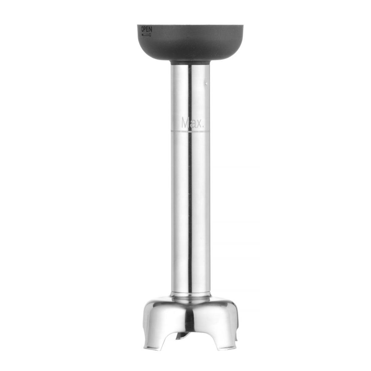 Accessorio per frullatore a immersione argentato con parte superiore nera e base arrotondata.