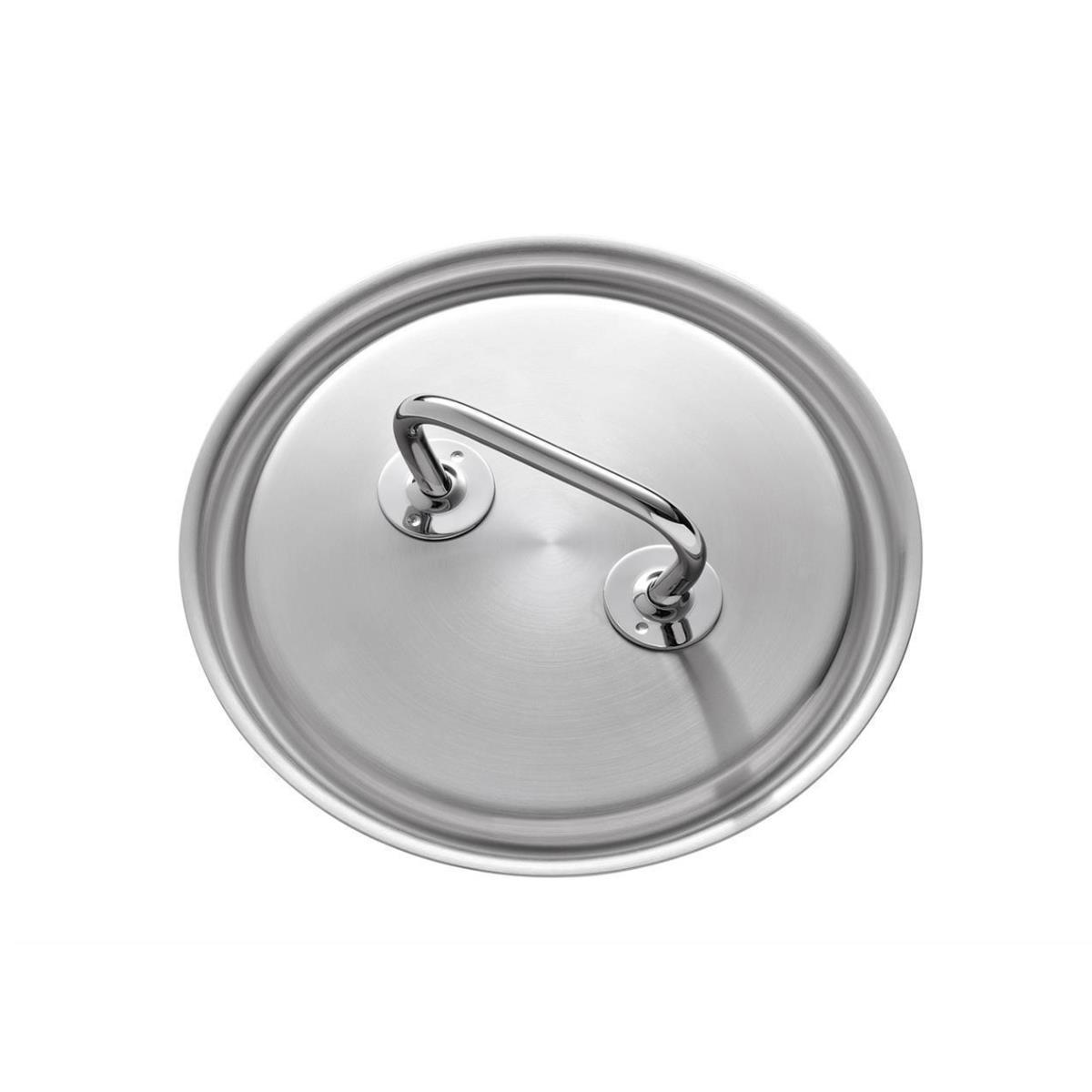 Pokrywa garnka ze stali nierdzewnej z metalowym uchwytem. Pokrywa leży na białej powierzchni.