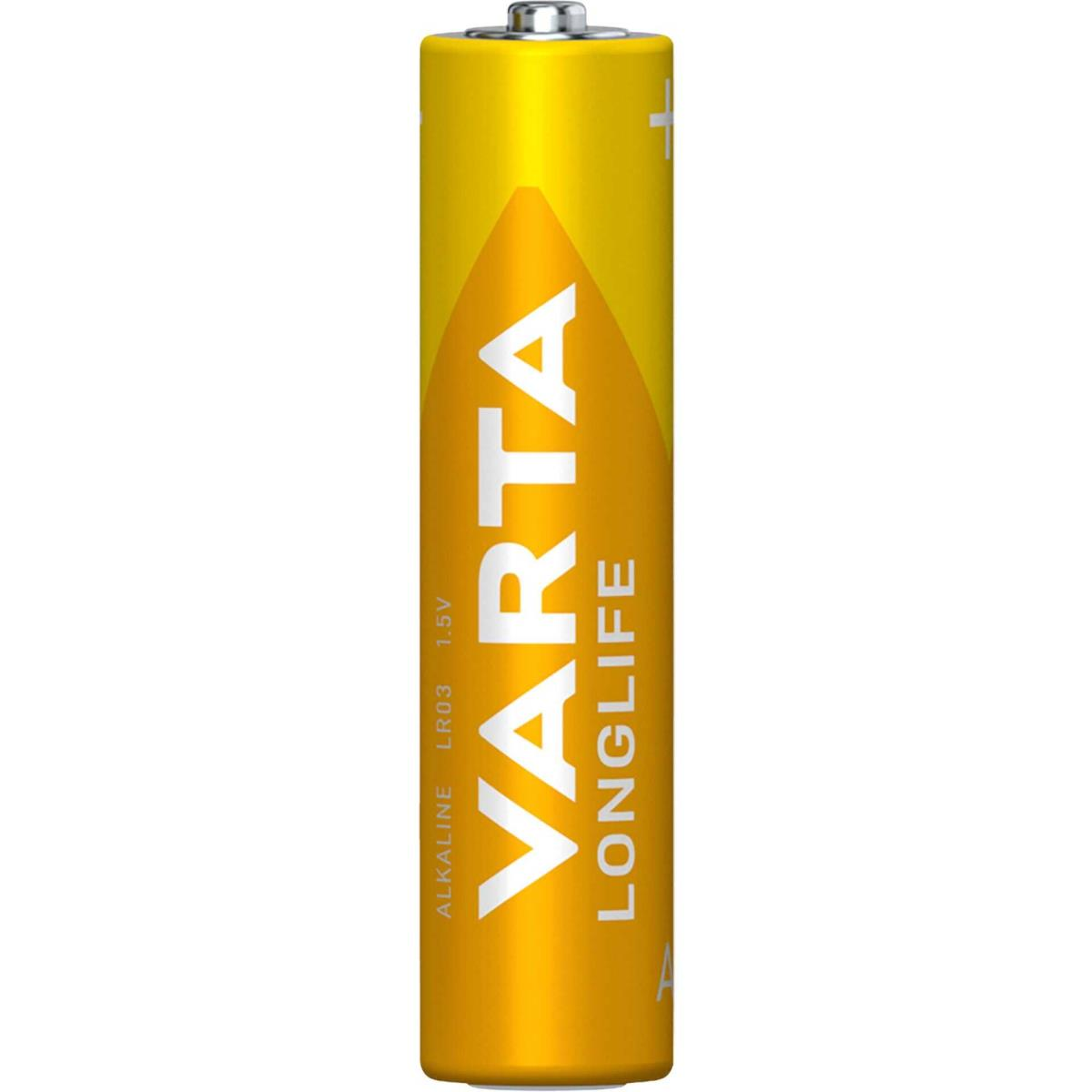 Een gele Varta-batterij met witte tekst, met positieve en negatieve tekens.