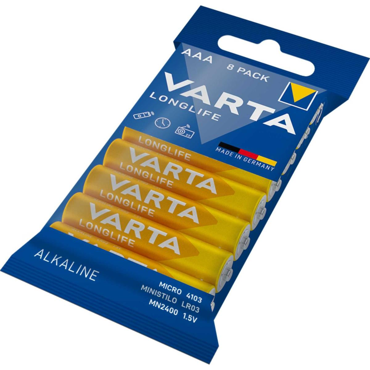 Een pakje Varta batterijen. Het pakje is blauw en bevat 8 gele AAA-batterijen.