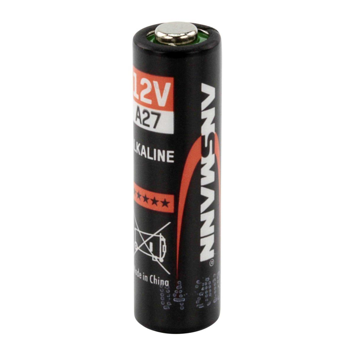 Een zwarte cilindrische 12V A27 alkaline batterij met ANSMANN-merk en sterren.