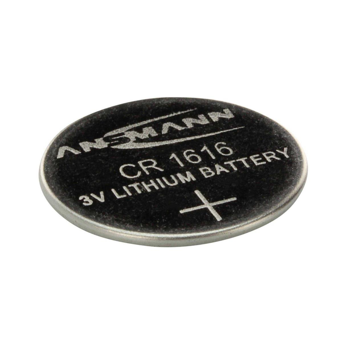 Okrągła, srebrna bateria z napisem: 'ANSMANN CR 1616 3V LITHIUM BATTERY' i znakiem plus.