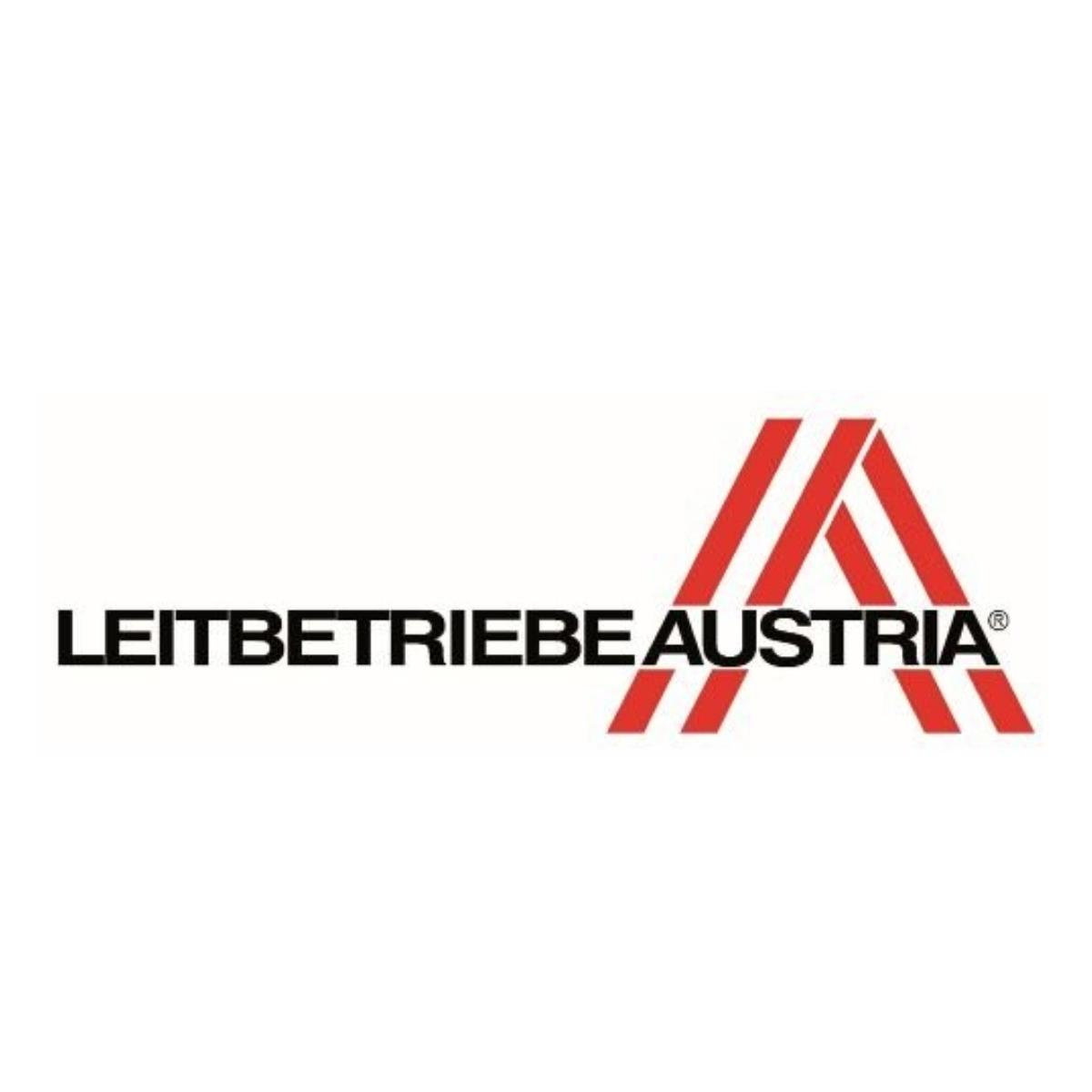 Logo auf Weiß. Text: 'LEITBETRIEBE AUSTRIA' mit roten Streifen, die ein stilisiertes 'A' bilden.