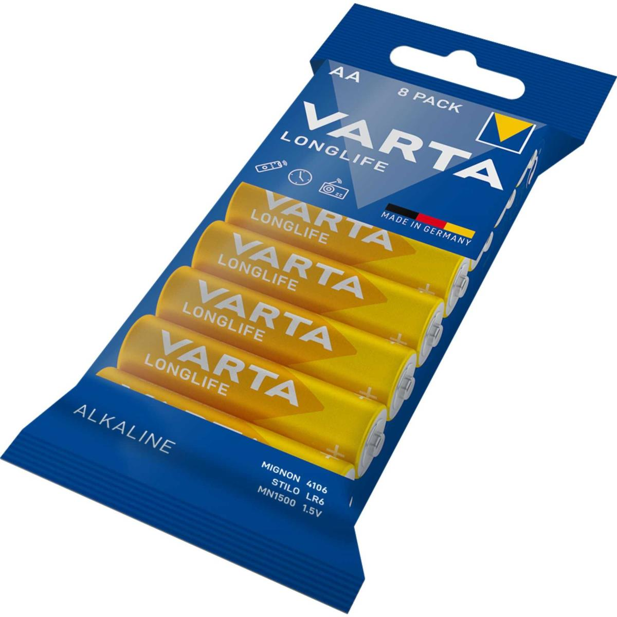 Eine blau-weiße Varta-Batteriepackung mit gelben Batterien darin.