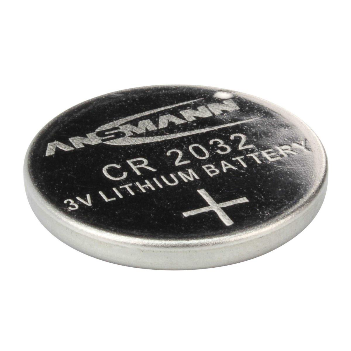 Pila a bottone circolare, con l'etichetta 'CR 2032 3V Lithium Battery' e un segno più.