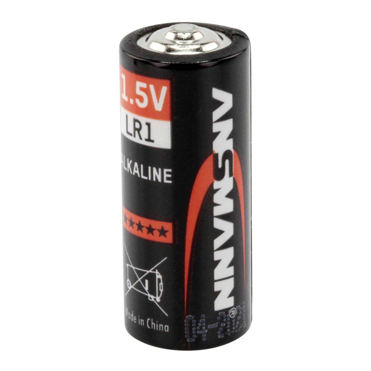 Czarna i czerwona bateria AA z białym tekstem. Mówi 1,5V LR1 Alkaline i ANSMANN.