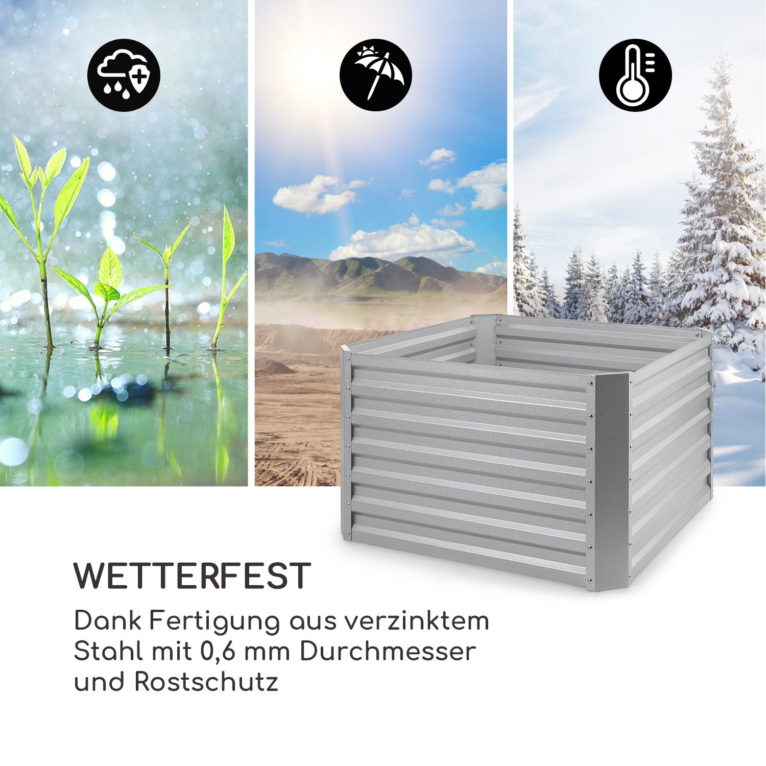 Erhöhtes Metallbeet mit Wetterikonen: Regen, Sonne und Schnee.