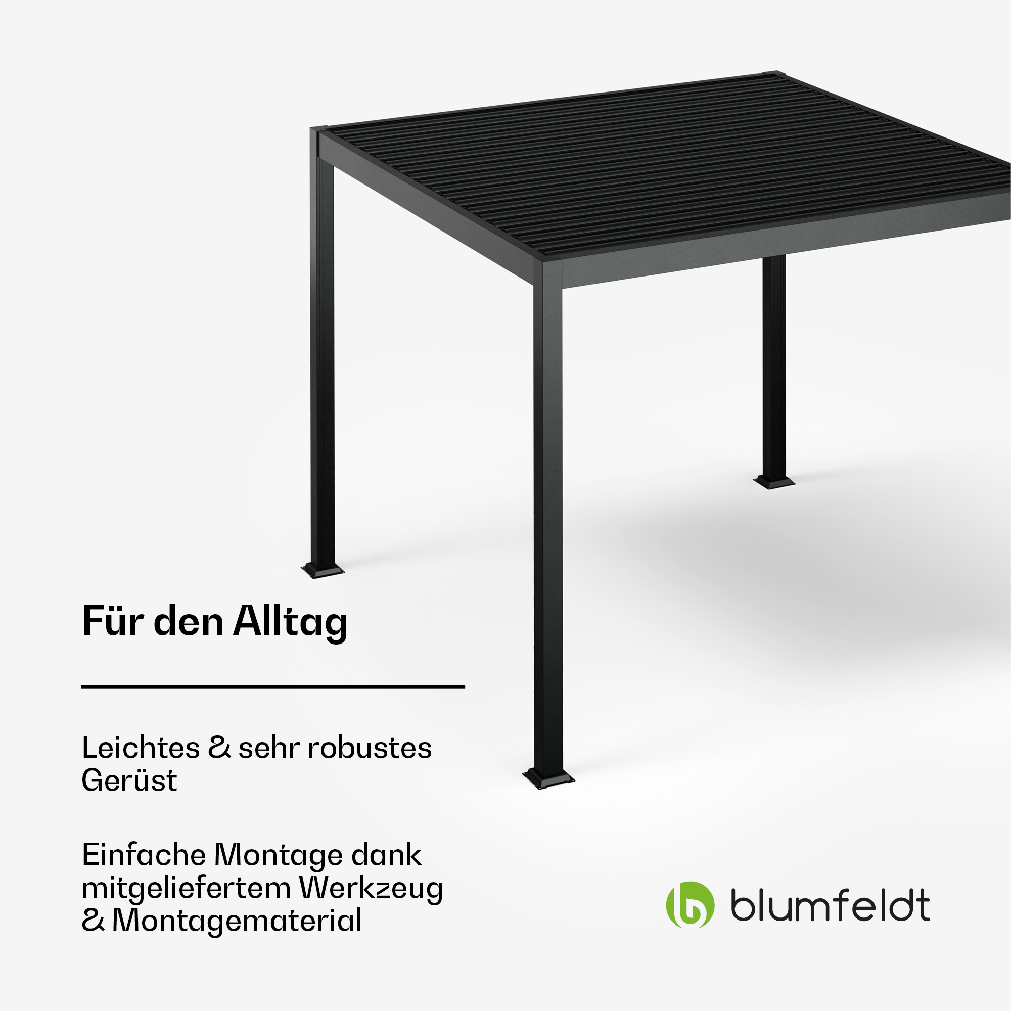 Schwarze quadratische Pergola mit vier Beinen. Text: Für den Alltag, leichtes und robustes Gerüst.