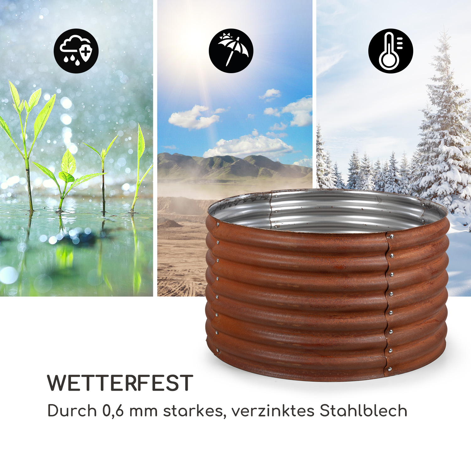 Ein rostbraunes Metall-Gartenbeet mit Illustrationen von Regen, Sonne und Winter.
