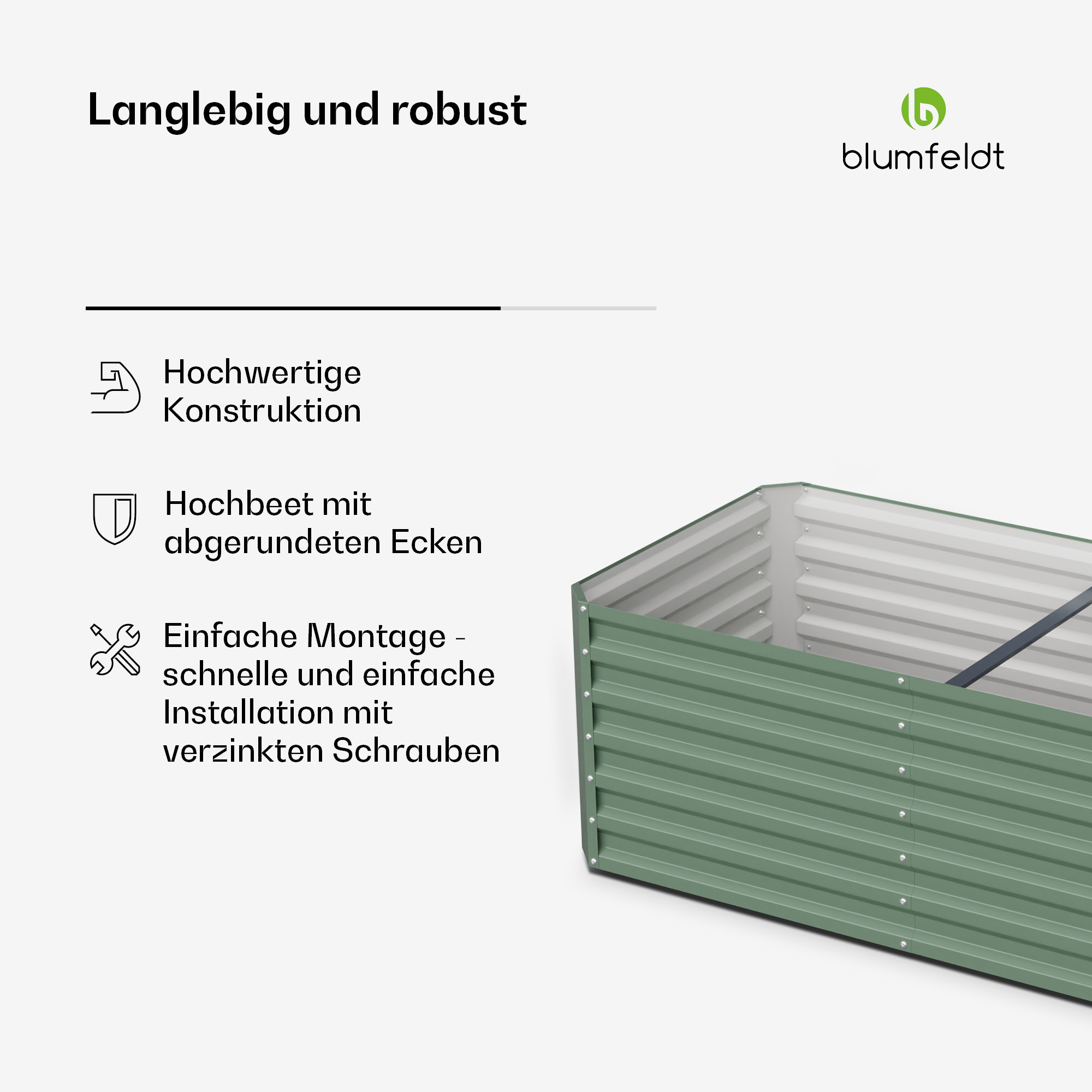 Ein grünes und silbernes Hochbeet mit Text und Symbolen auf weißem Grund.