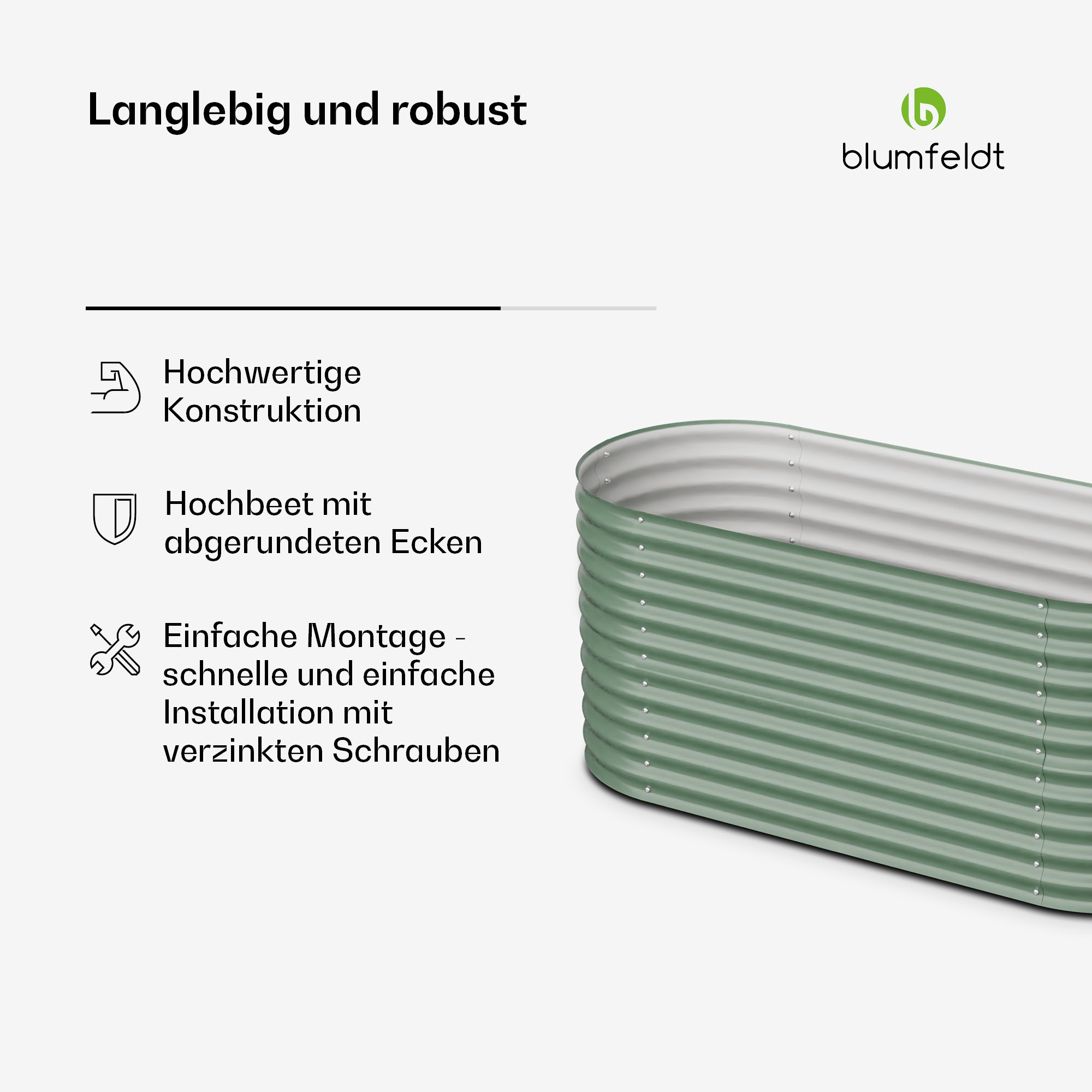 Ein grünes Metall-Blumfeldt-Hochbeet mit Text über Funktionen und dem Blumfeldt-Logo.