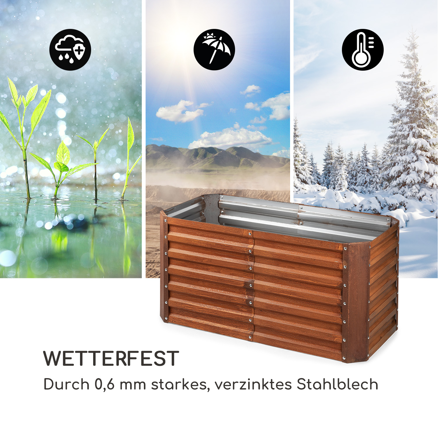 Wetterfester Metallpflanzer mit drei Wettersymbolen und deutschem Text.