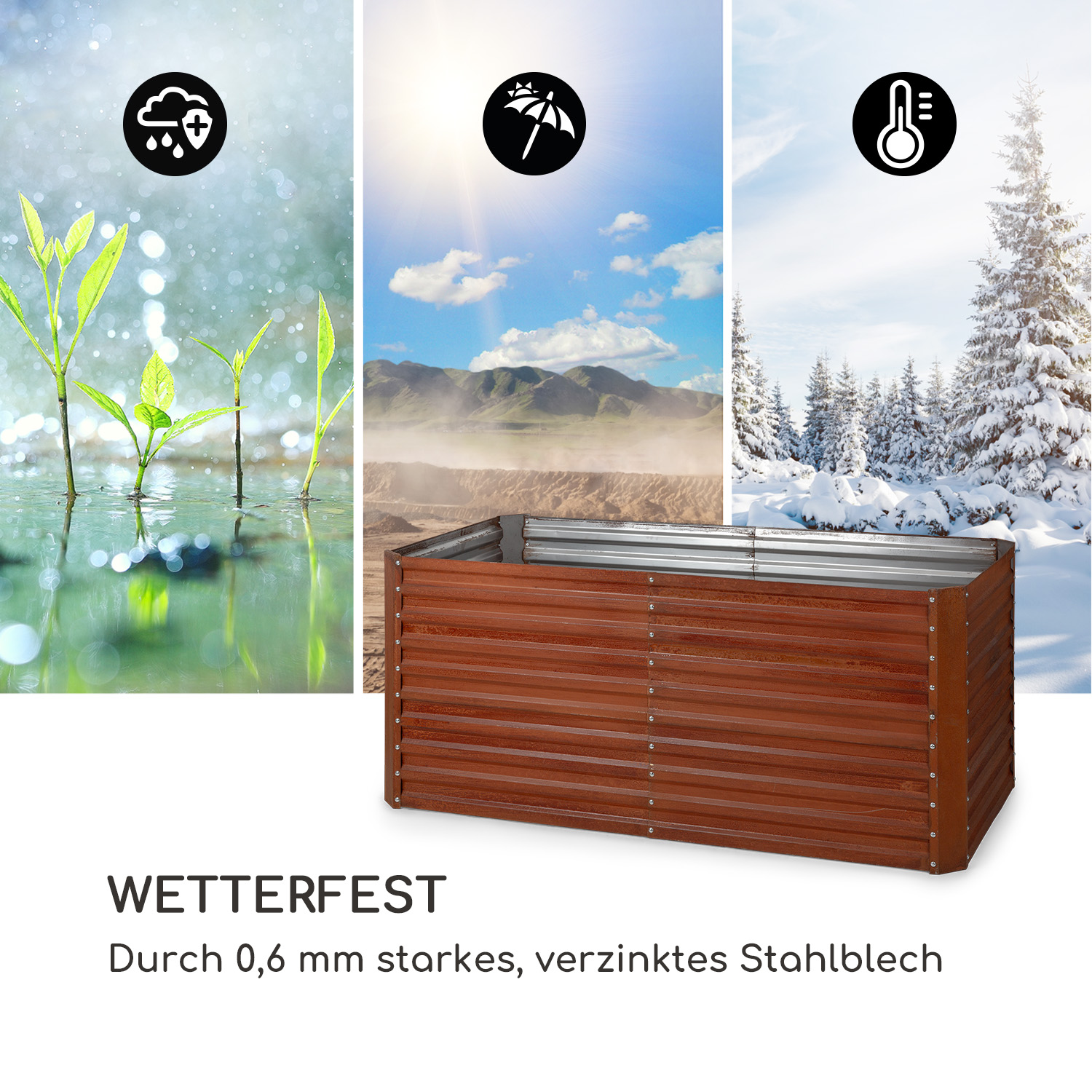 Wetterfestes Hochbeet. Icons zeigen Regen, Sonne und Schnee. Bett ist braun, rechteckig und metallisch.