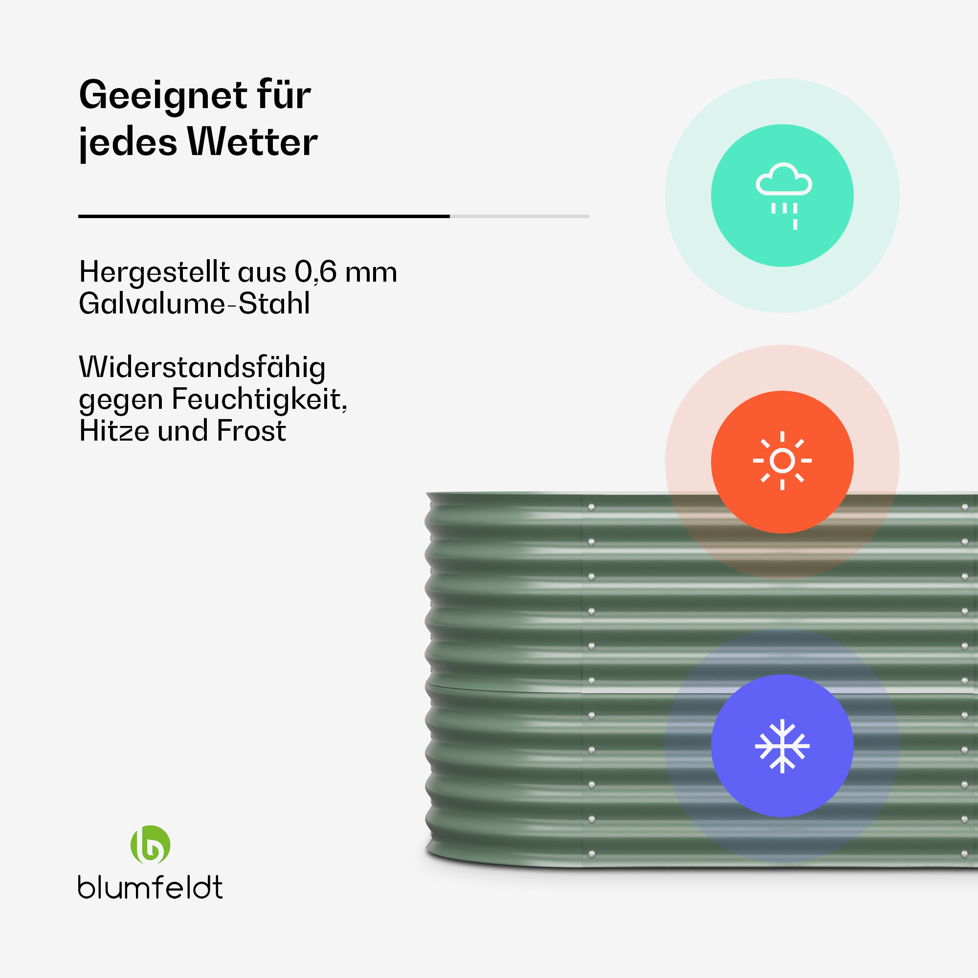 Ein grüner Außenbehälter mit Text über Wetterbeständigkeit. Es zeigt Regen-, Sonnen- und Schneesymbole.