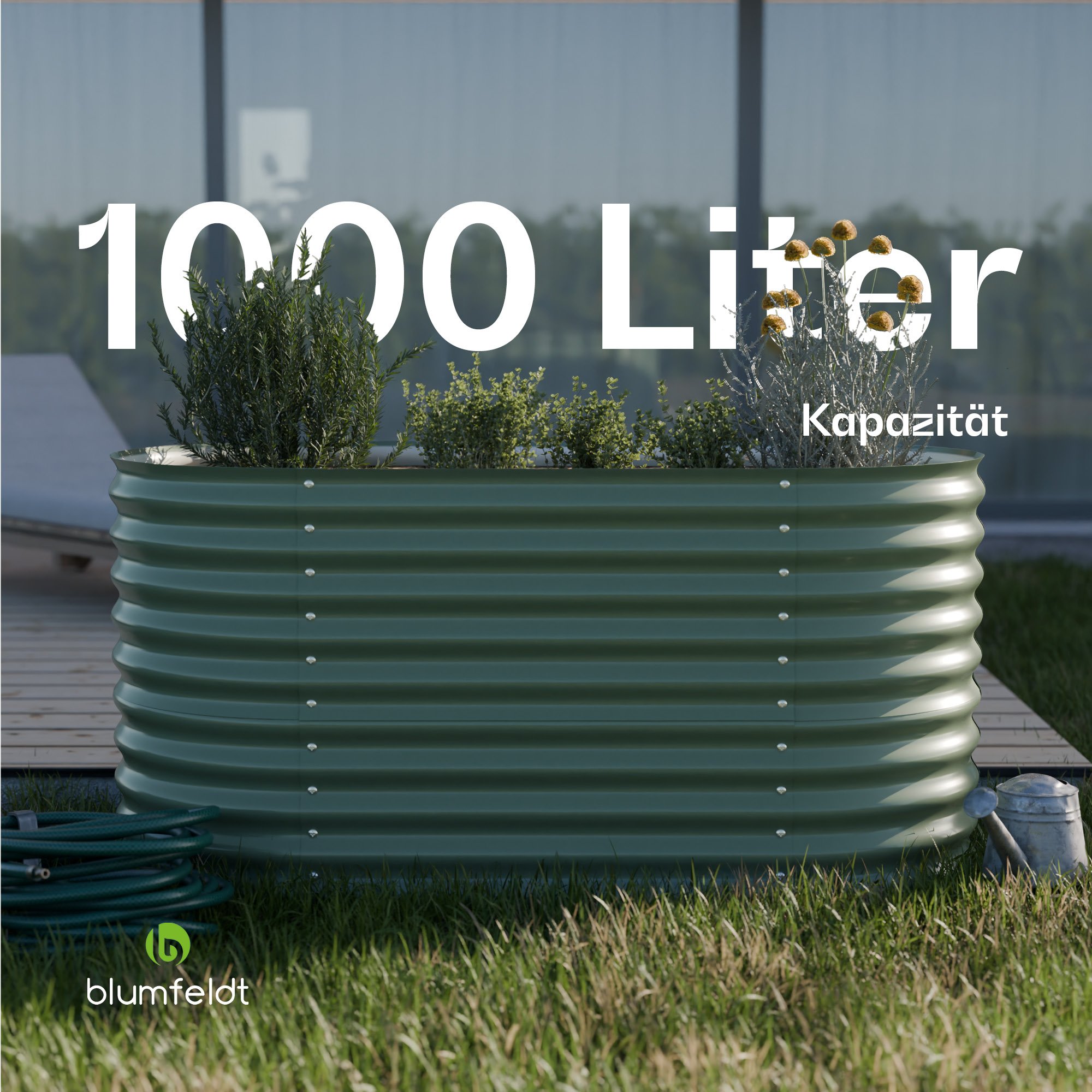 Grünes blumfeldt Hochbeet mit Pflanzen. Text: 1000 Liter Kapazität.