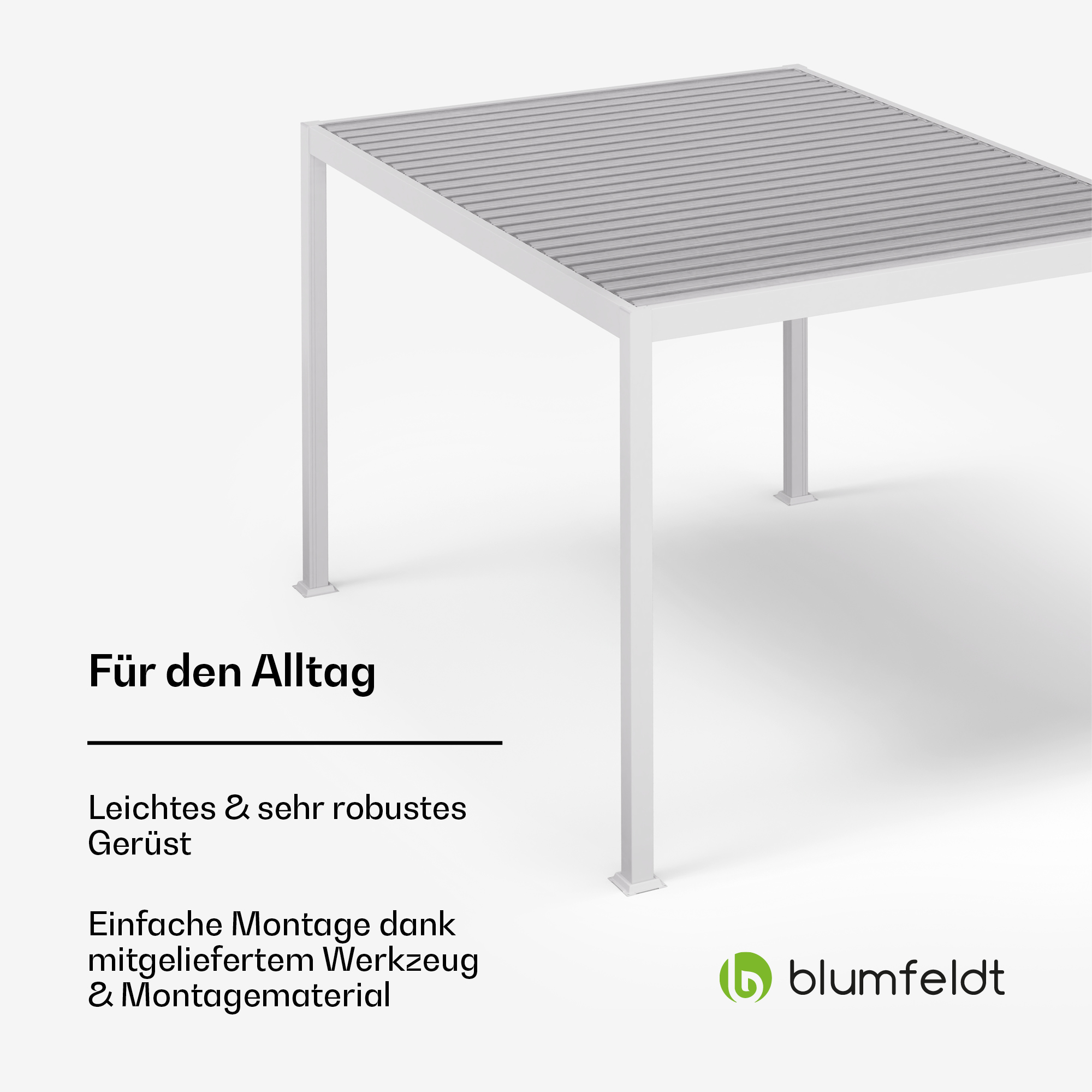 Weiß gerahmte Pergola mit grauem Dach, mit deutschem Text. Blumfeldt Logo.