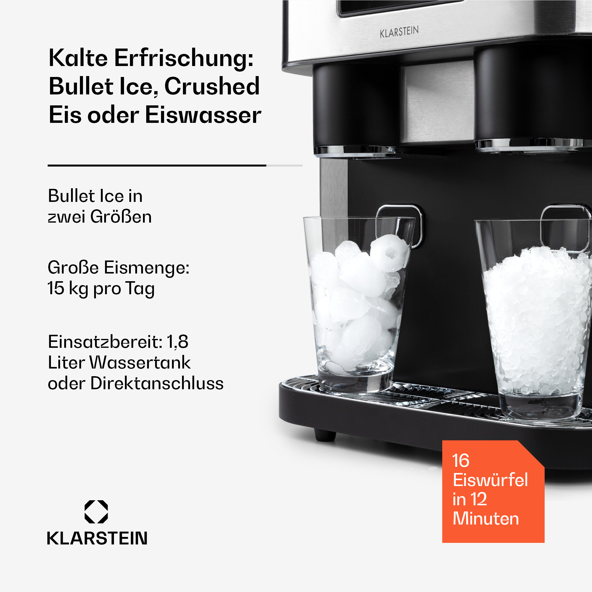 Eismaschine mit zwei Gläsern Eiswürfeln. Text beschreibt Eiswürfel- und Crushed-Ice-Optionen.