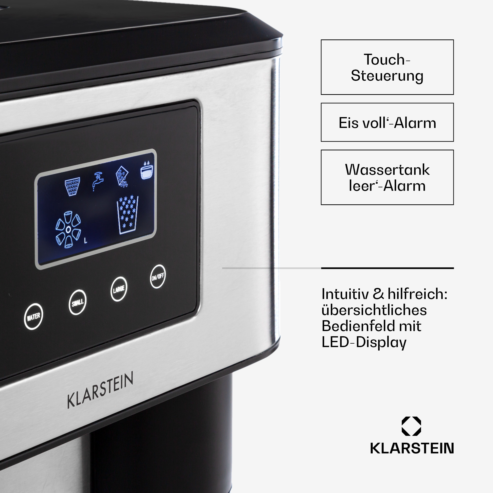 Kaffeemaschine mit Bedienfeld. Zeigt: Wasserstand, Eis voll und Touch-Bedienelemente mit LED.